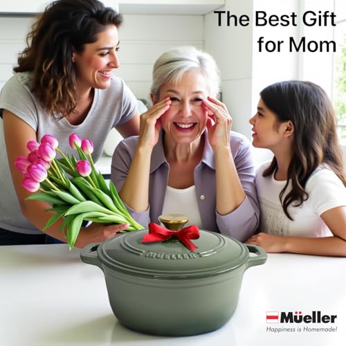 Mueller 6qt Enameled Cast Iron Dutch Oven with Lid, Oven-Safe to 500°F, White N219