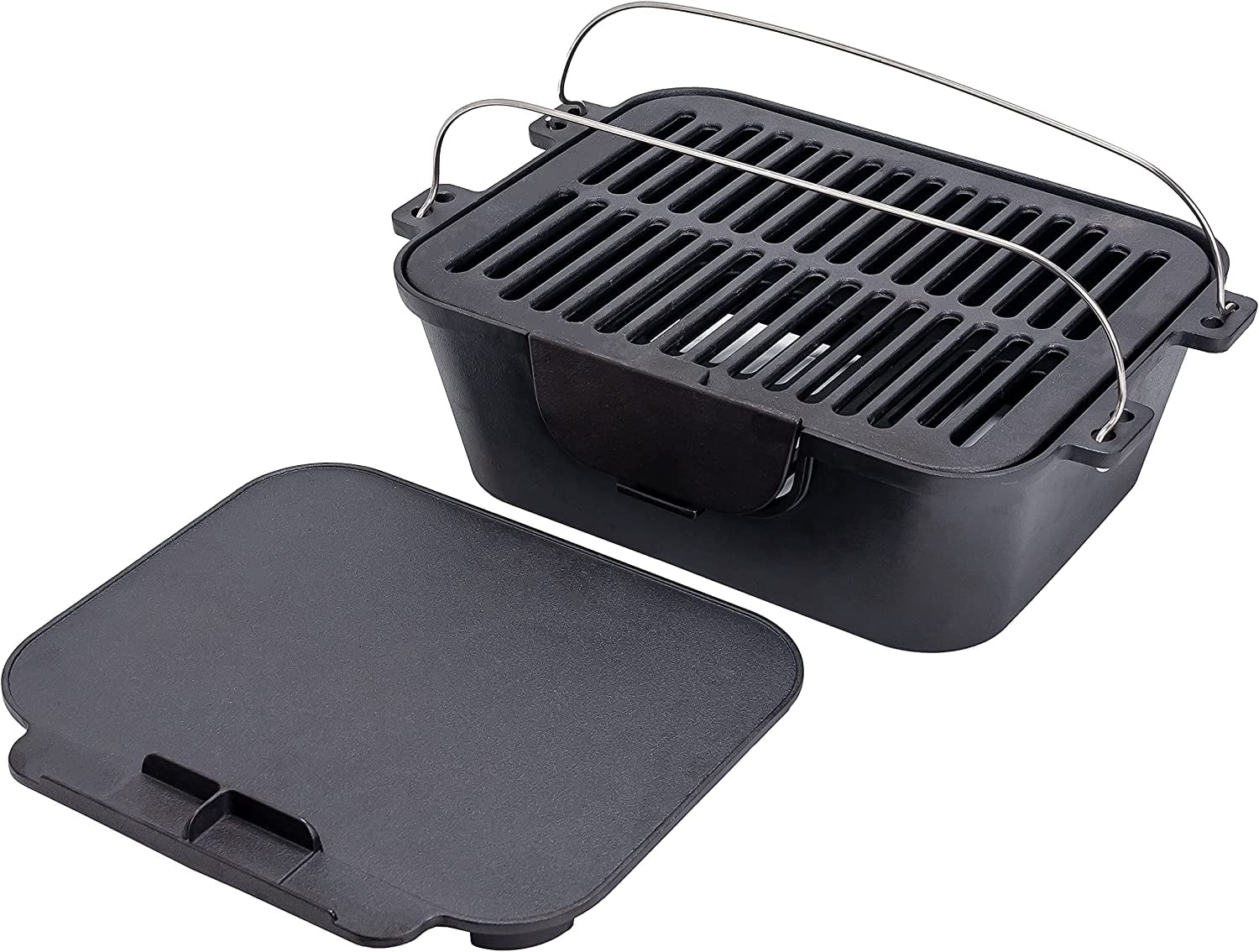 Bruntmor Pre-Seasoned Portable Cast Iron Charcoal Rectangle BBQ Grill N22991