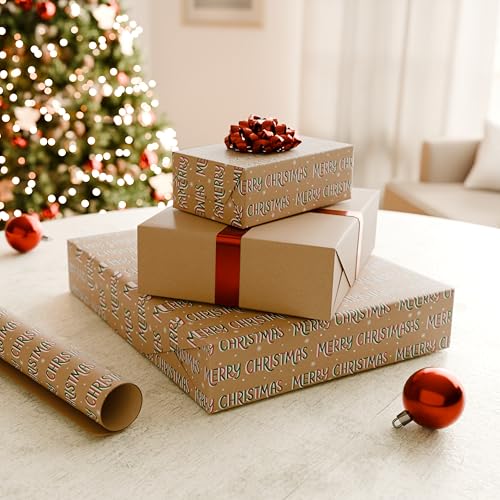 American Greetings Vintage Kraft Christmas Wrapping Paper Rolls, 4 Rolls, 80 sq. ft. D740
