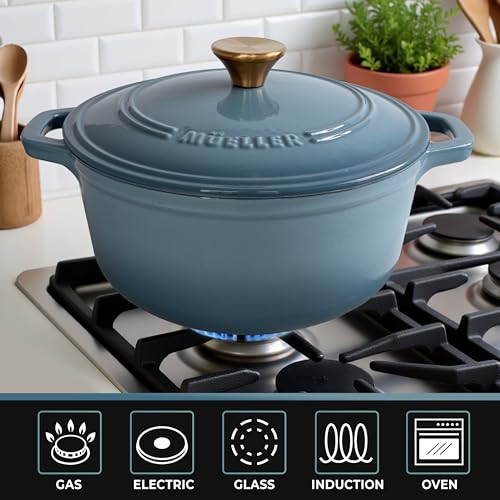 Mueller 6qt Enameled Cast Iron Dutch Oven with Lid, Oven-Safe to 500°F, White N219