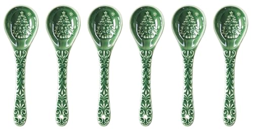 Christmas Tree Ceramic Spoons, Set of 6, Espresso & Dessert T96458