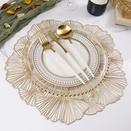 Gold Metallic Vinyl Flower Placemats Set of 6 for Dining Table I961330