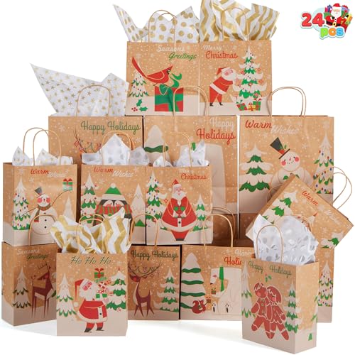JOYIN 24 PCS Christmas Kraft Gift Bags Assorted Sizes M7069