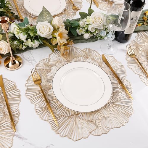 Gold Metallic Vinyl Flower Placemats Set of 6 for Dining Table I961330