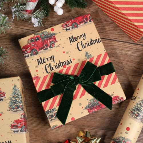 BIOBROWN Reversible Kraft Christmas Wrapping Paper Jumbo Roll 30 Inch x 33 Feet Vintage Trucks Design E340325