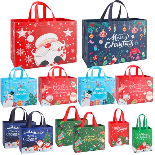 Christmas Gift Bags Assorted Sizes 12PC with Handles, Heavy Duty Non-Woven T61434