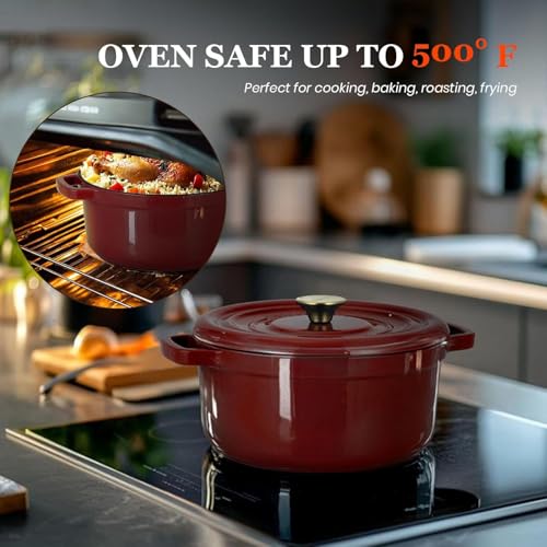 Overmont Enameled Cast Iron Dutch Oven 5QT with Lid and Potholders P525160