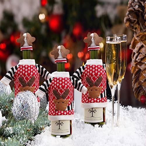 3Pack Christmas Wine Bottle Covers Reindeer Ugly Sweater with Hat Red G8680