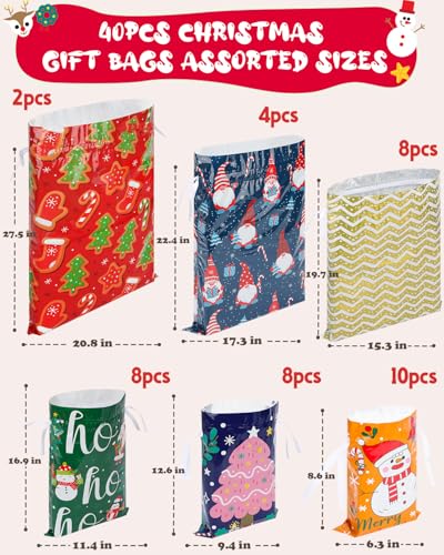 Christmas Gift Bags Assorted Sizes, 22pcs Drawstring Reusable Plastic D786