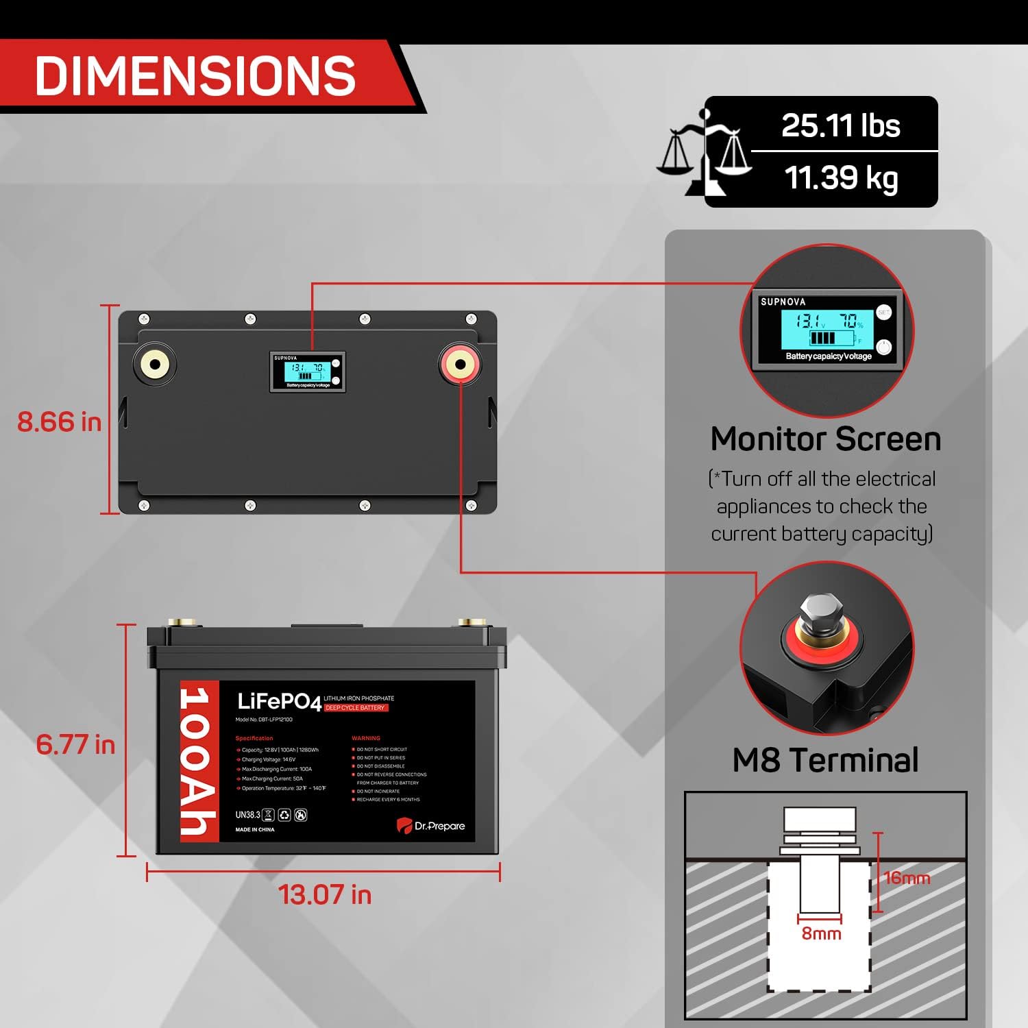 Dr. Prepare 12V 100Ah LiFePO4 Lithium Deep Cycle Battery with Monitor Screen Y6883