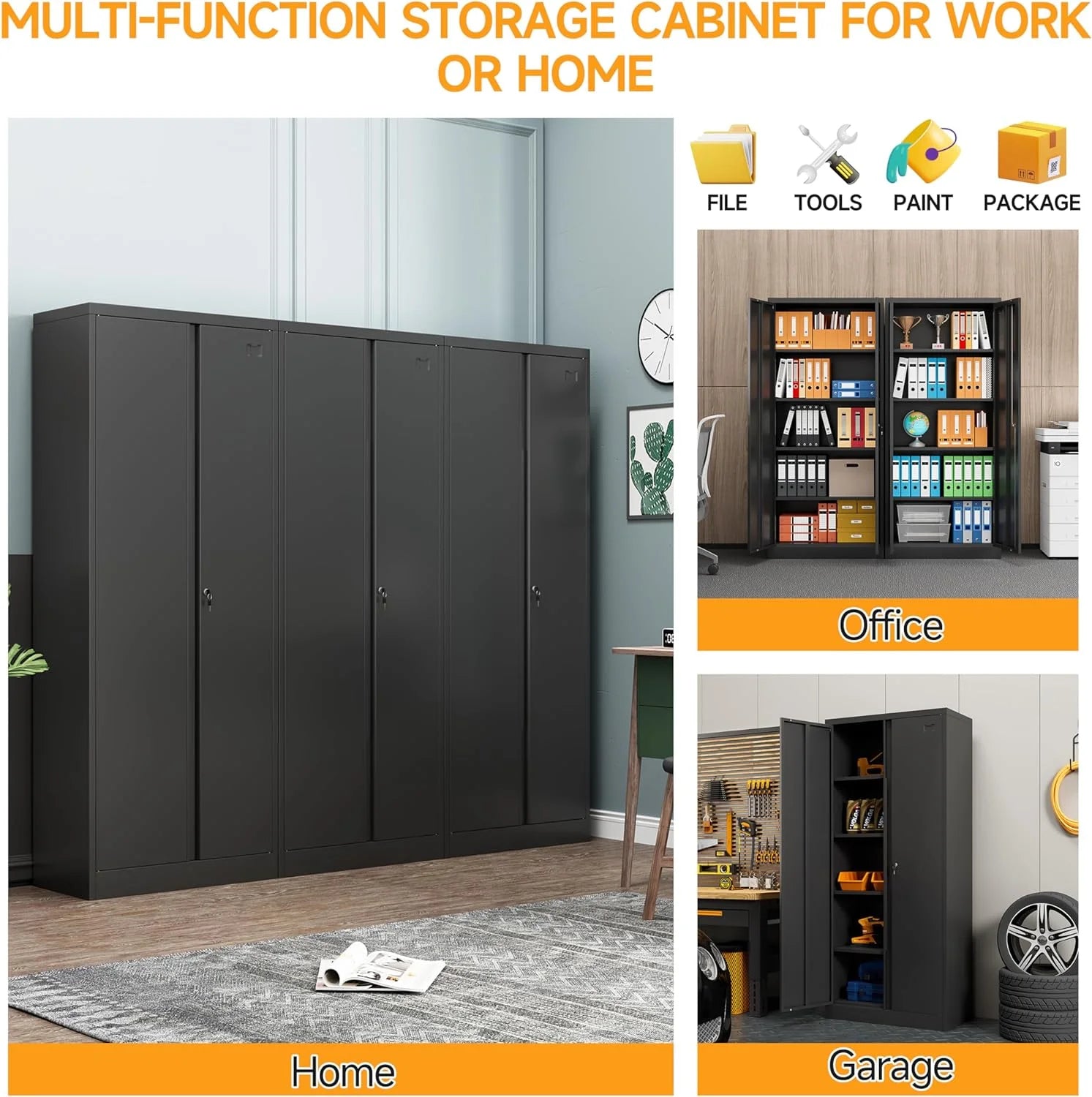 Metal Storage Cabinet with Locking Doors, 71" Tall, Black C7792