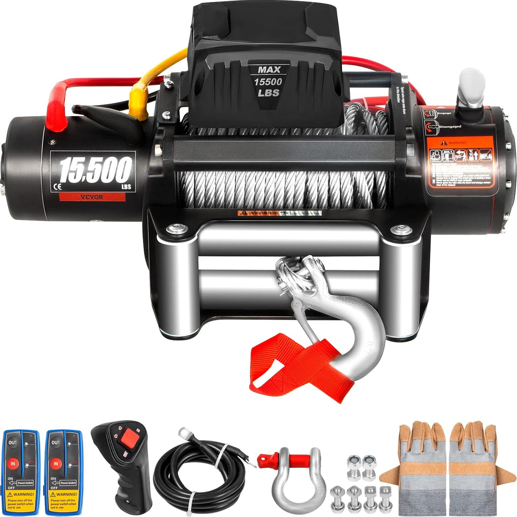 VEVOR Electric Winch 15500lb Load Capacity Truck Winch Compatible with Jeep Truck SUV 93.5ft/28m Cable Steel 12V Power Winch with Wireless Remote Control, Powerful Motor for ATV UTV Off Road Trailer