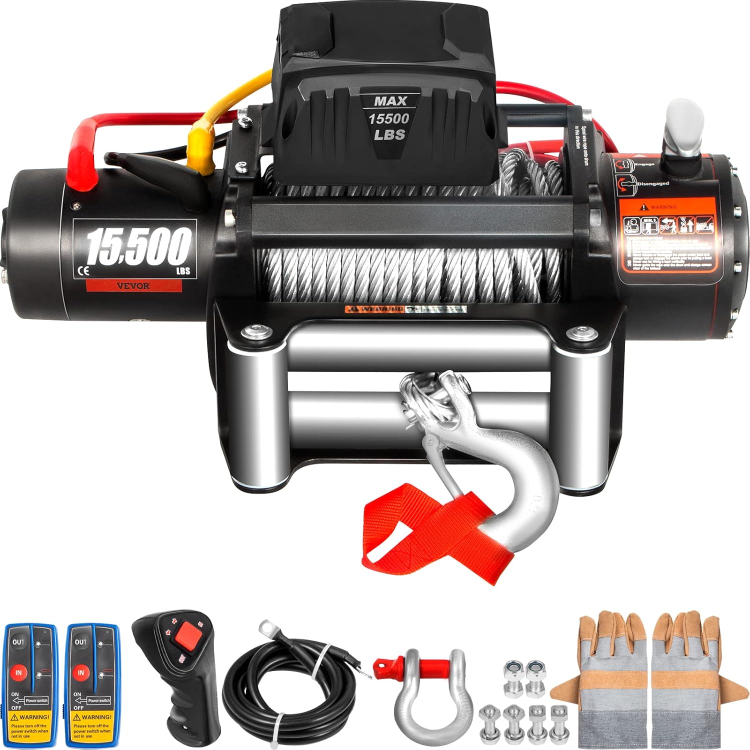 VEVOR Electric Winch 15500lb Load Capacity Truck Winch Compatible with Jeep Truck SUV 93.5ft/28m Cable Steel 12V Power Winch with Wireless Remote Control, Powerful Motor for ATV UTV Off Road Trailer