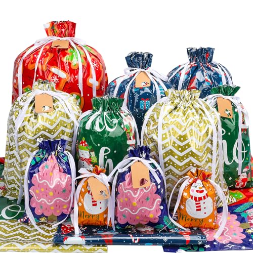Christmas Gift Bags Assorted Sizes, 22pcs Drawstring Reusable Plastic D786