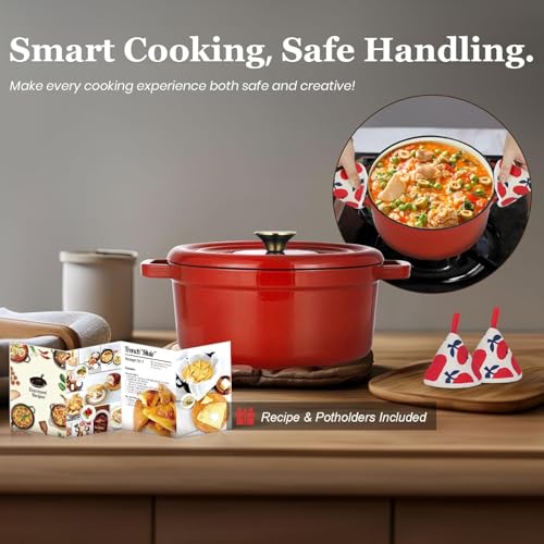 Overmont Enameled Cast Iron Dutch Oven 5QT with Lid and Potholders P525160