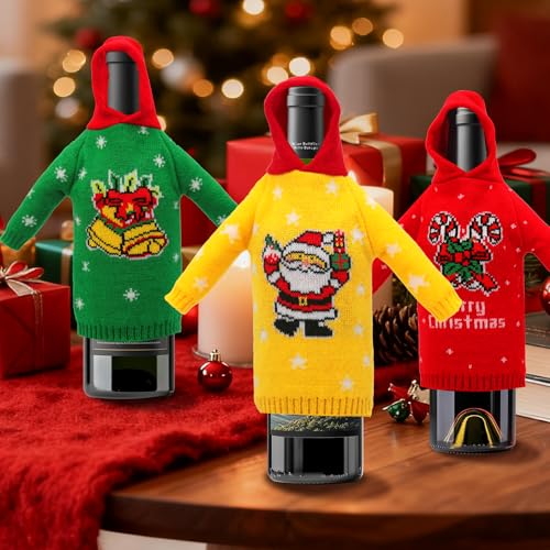 3Pcs Christmas Wine Bottle Covers Knitted Sweatshirts Holiday Party Decorations I4698