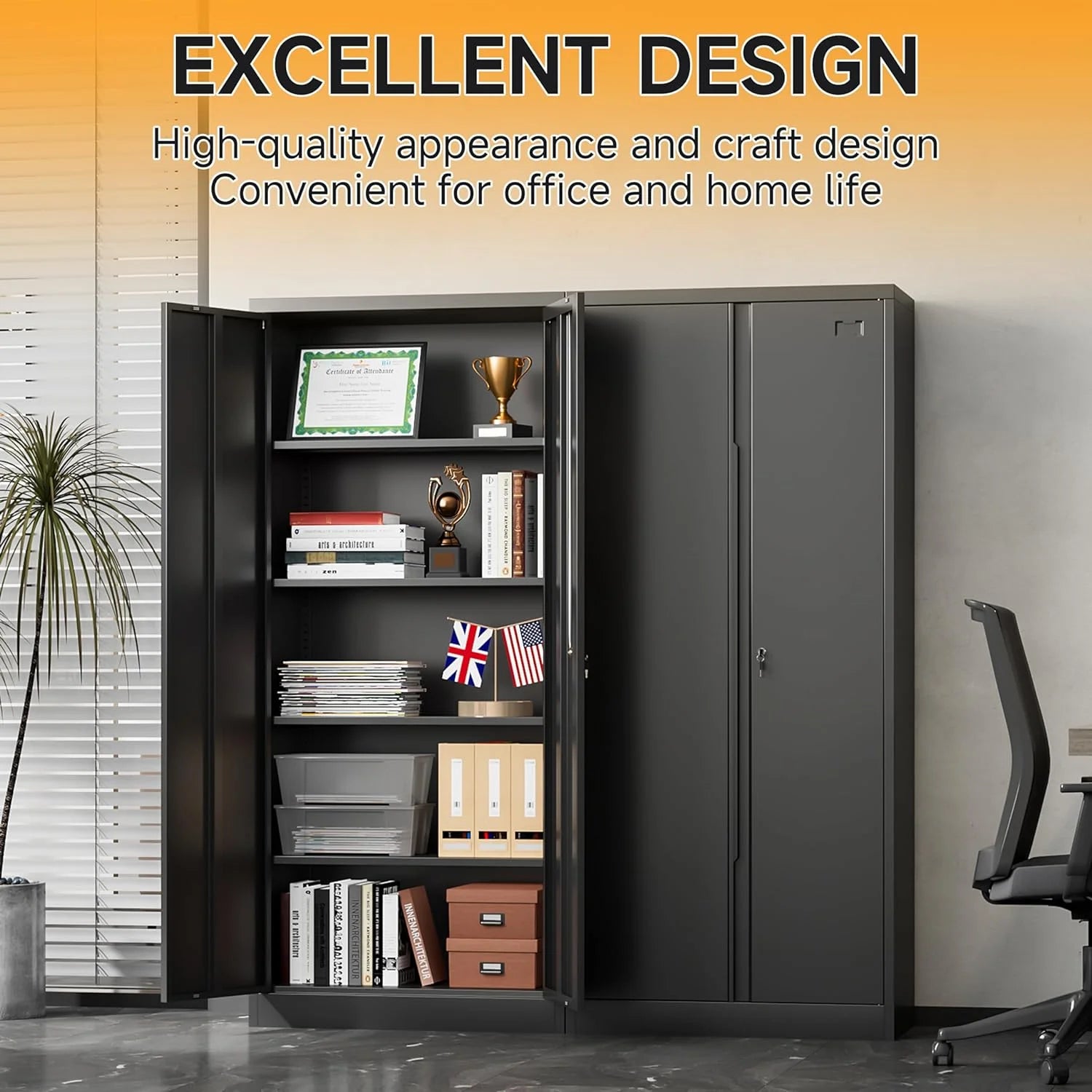Metal Storage Cabinet with Locking Doors, 71" Tall, Black C7792