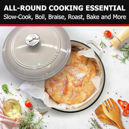 Mueller 6qt Enameled Cast Iron Dutch Oven with Lid, Oven-Safe to 500°F, White N219