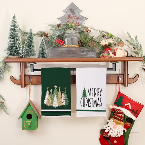 Merry Christmas Kitchen Towels Set of 2, Red Xmas Tree Design C1385