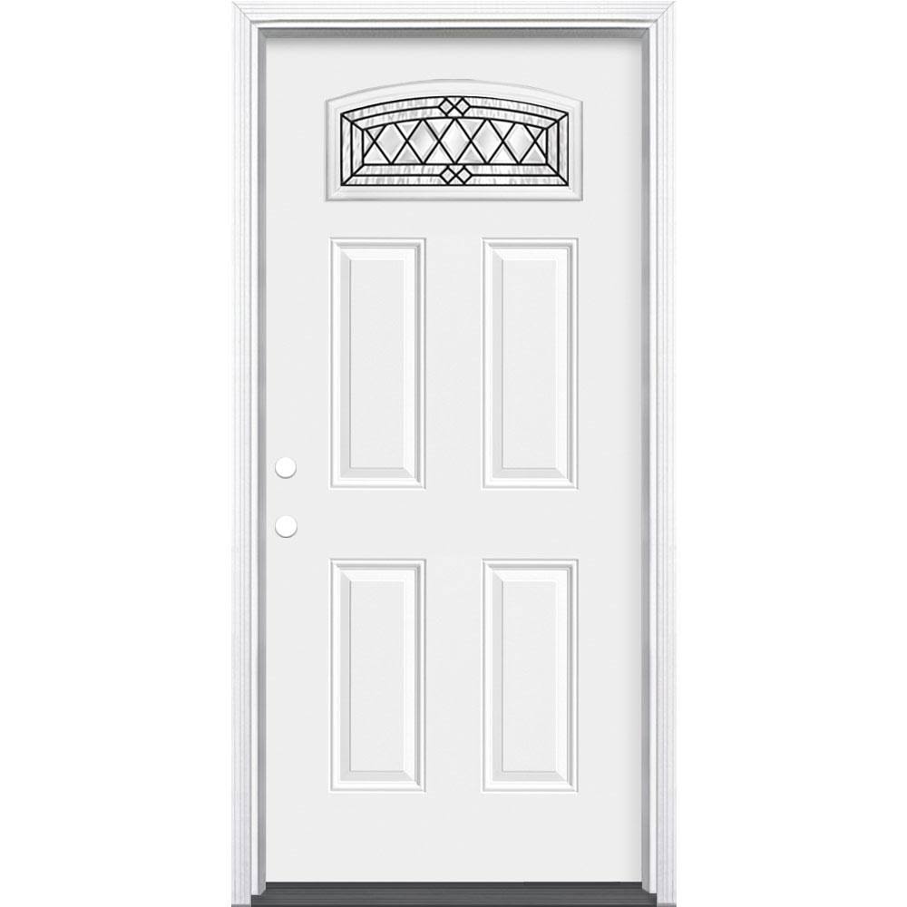 Masonite 36 in. x 80 in. Halifax Camber Fan Lite Right-Hand Inswing Primed Steel Prehung Front Exterior Door with Brickmold, Pri