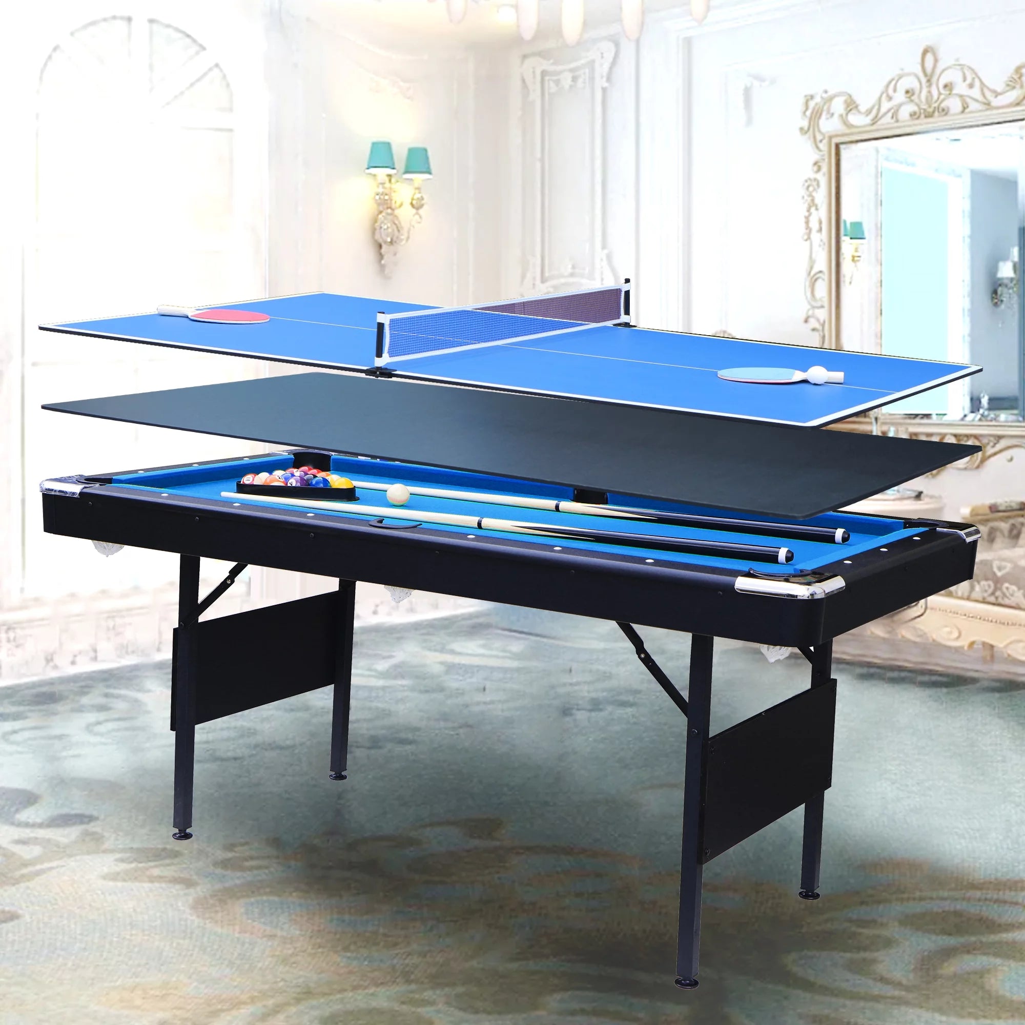 SEGMART 3 in 1 Billiards Table 5.5 ft Folding Pool Table with Accessories, Black Blue Felt A6150