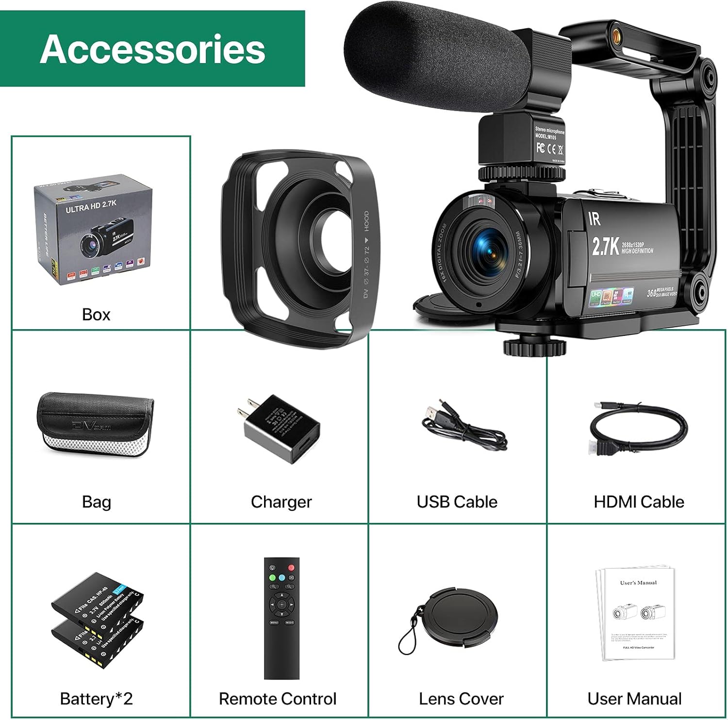 2.7K Video Camera Camcorder with IR Night Vision and Remote Control E315