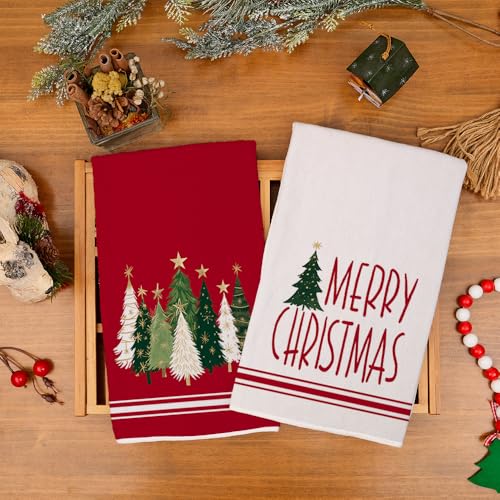 Merry Christmas Kitchen Towels Set of 2, Red Xmas Tree Design C1385
