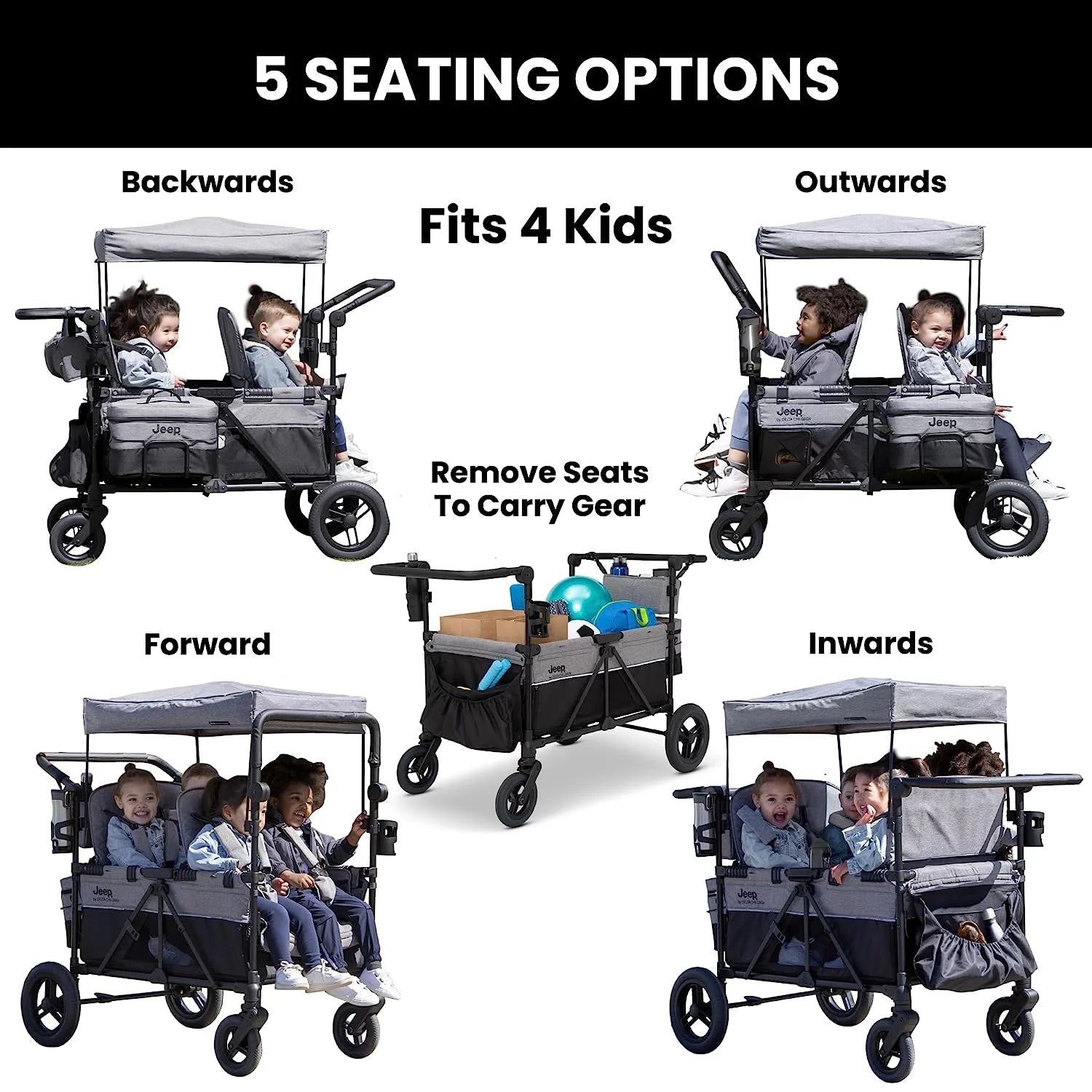 Jeep Wrangler Deluxe 4 Seater Stroller Wagon by Delta Children, Grey D3060