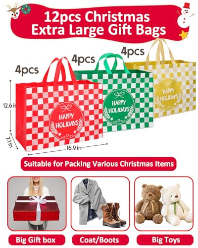 Christmas Gift Bags Assorted Sizes 12PC with Handles, Heavy Duty Non-Woven T61434