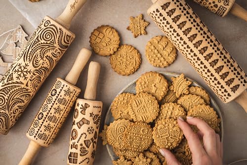 Embossing Rolling Pin with Christmas Symbols for Gingerbread Cookies W48955