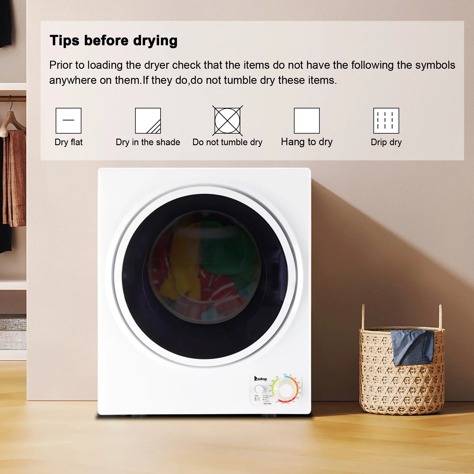iRerts Portable Clothes Dryer 850W Compact Electric Dryer with Stainless Steel Tub, White Q355997