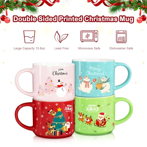 Set of 4 Stackable Christmas Mugs with Stand, 15.8 Oz Holiday Cocoa Mug L13200