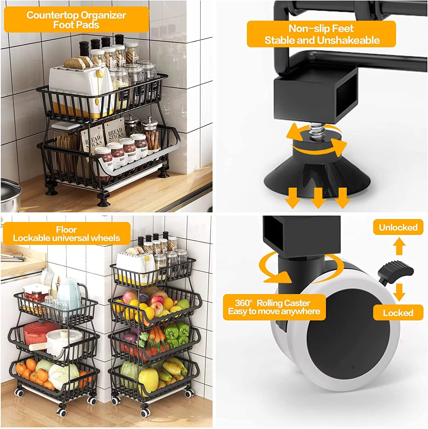 Luosen 4 Tier Stackable Metal Wire Fruit Vegetable Storage Trolley with Wheels, Black W286822