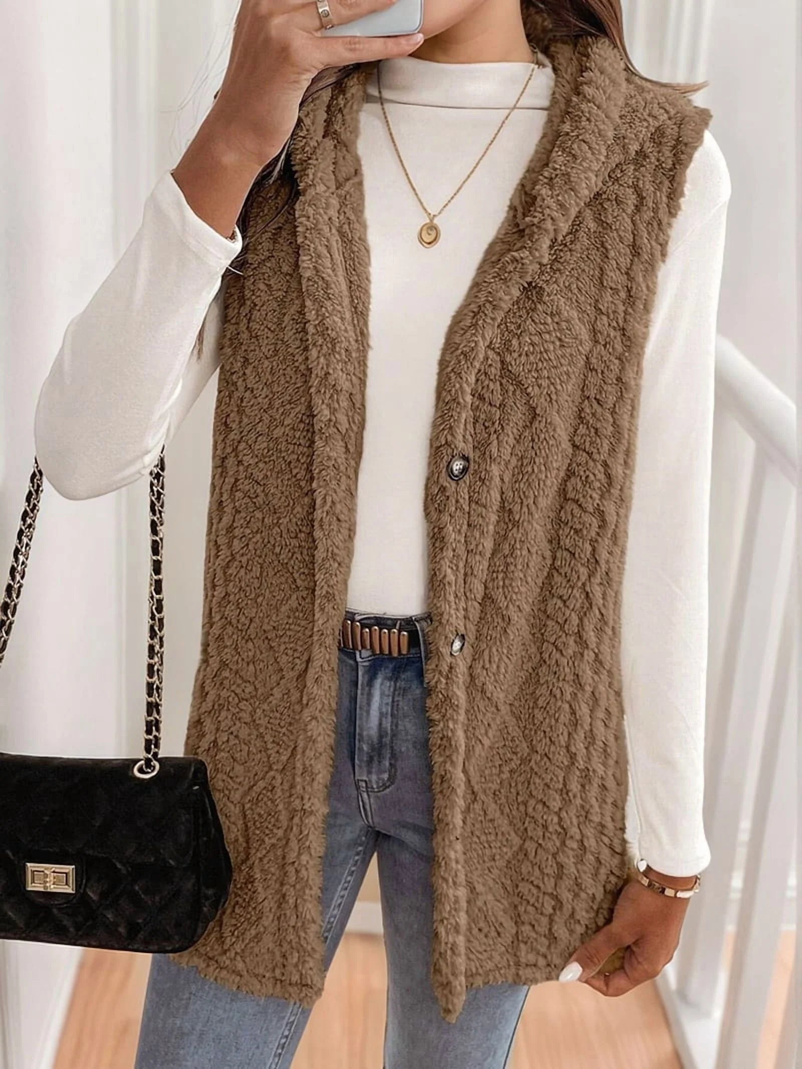 Women's Oversized Fleece Hooded Cardigan, Double Sided Wear, Brown XL U63510
