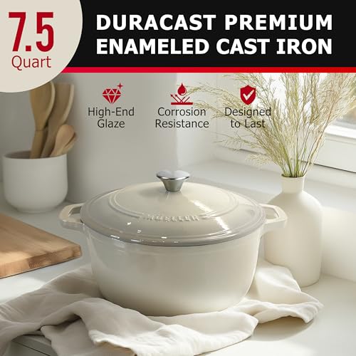 Mueller 6qt Enameled Cast Iron Dutch Oven with Lid, Oven-Safe to 500°F, White N219