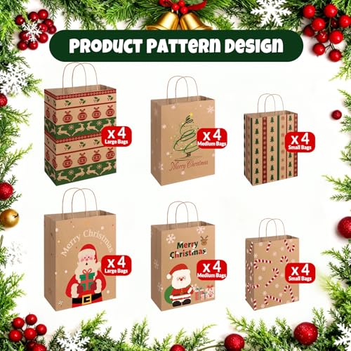 SUNEE Christmas Gift Bags with Tissue Paper, 24pcs Assorted Sizes with Handles V580