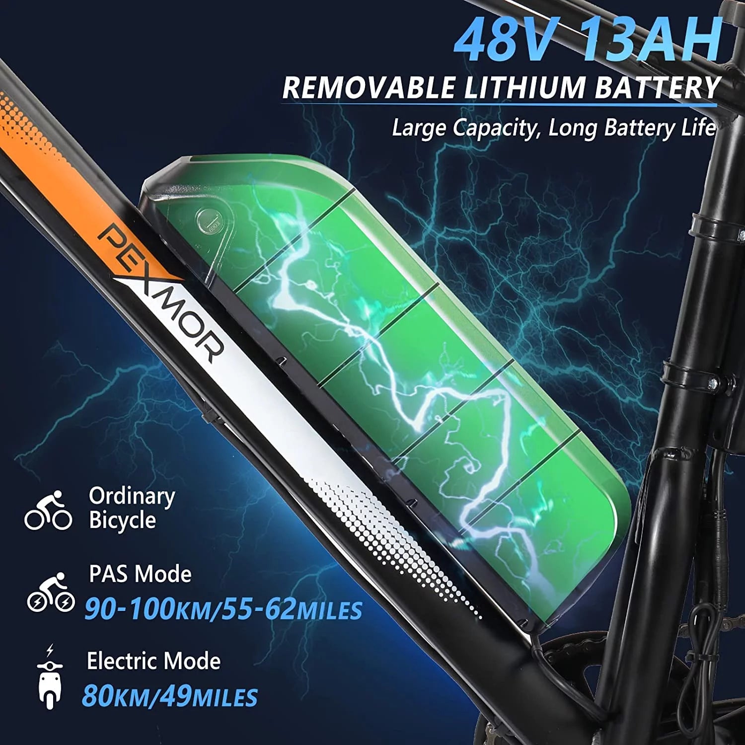 PEXMOR Electric Bike for Adult 500W 26" Fat Tire Mountain EBike 48V 13AH Removable Battery W14589