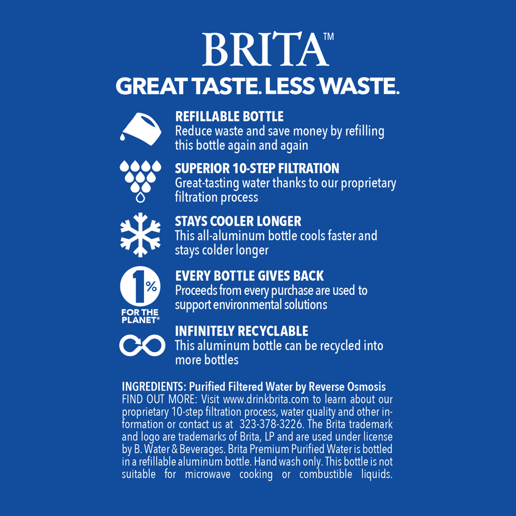 Brita Premium Purified Bottled Water, 25 fl oz (12 Pack), BPA Free Refillable Aluminum Bottles H5288