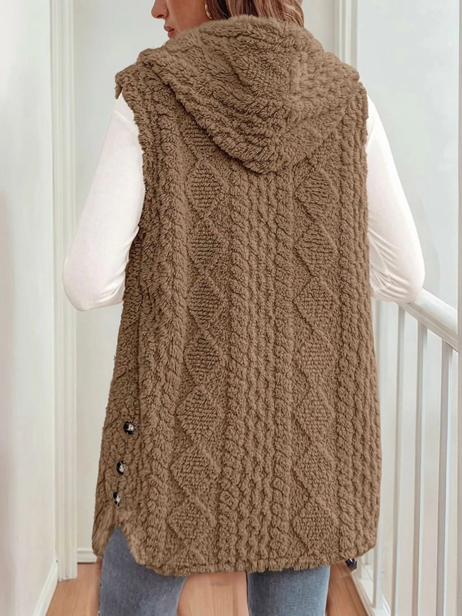 Women's Oversized Fleece Hooded Cardigan, Double Sided Wear, Brown XL U63510