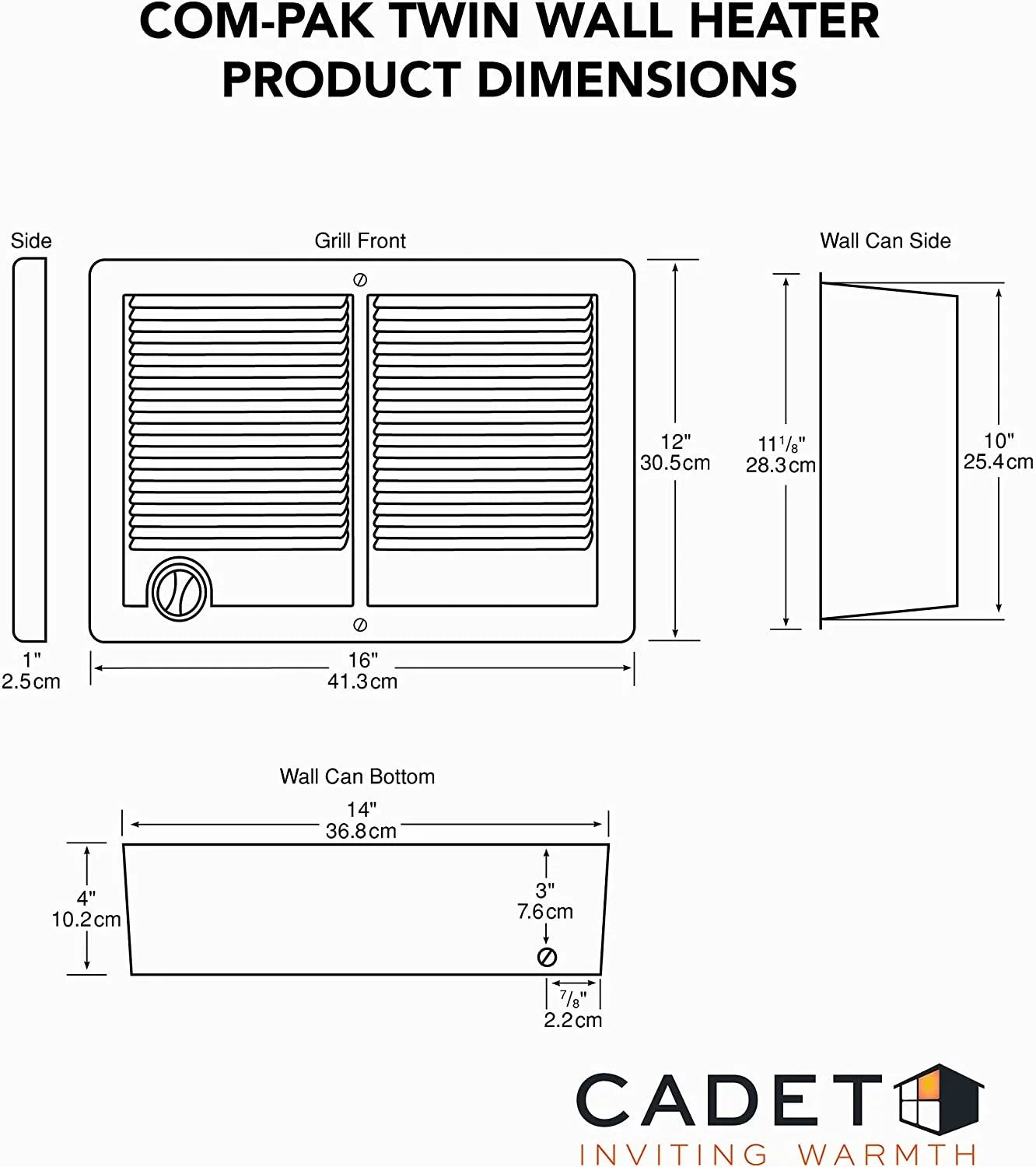 Cadet Com-Pak Twin Electric Wall Heater with Thermostat, 240V, White E989227