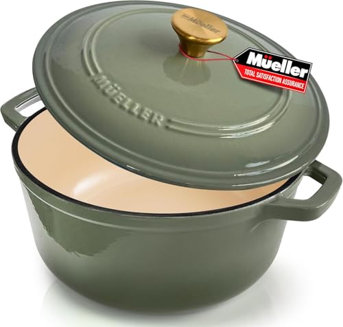 Mueller 6qt Enameled Cast Iron Dutch Oven with Lid, Oven-Safe to 500°F, White N219