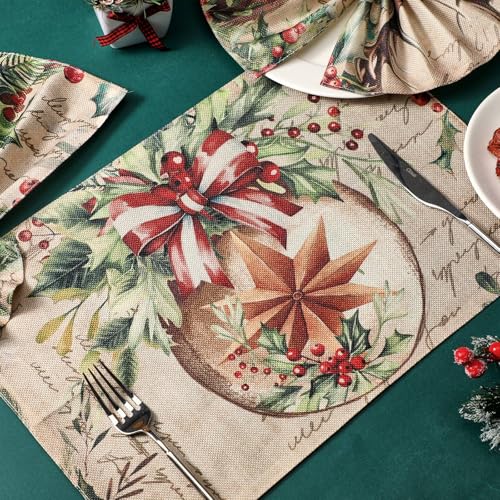 Vintage Linen Fabric Christmas Placemats Set of 12, 12x18 Inch L3227
