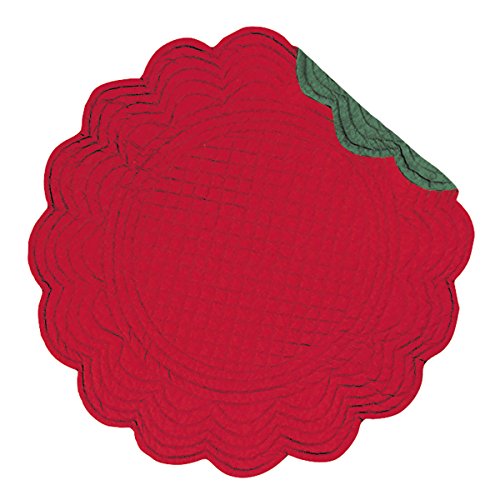 C&F Home Red & Green Quilted 100% Cotton Round Christmas Single Placemat 17" Xmas Festive Winter Holidays Kitchen Dining Dinner Table Tabletop Reversible Machine Washable Scalloped Edges Handcrafted