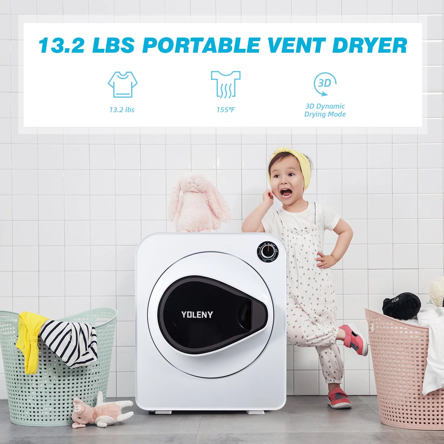 Erinnyees Electric Compact Laundry Dryer, 13.2 lbs Stainless Steel Portable Dryer with Exhaust Pipe, White D674