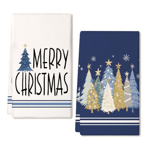 Merry Christmas Kitchen Towels Set of 2, Red Xmas Tree Design C1385