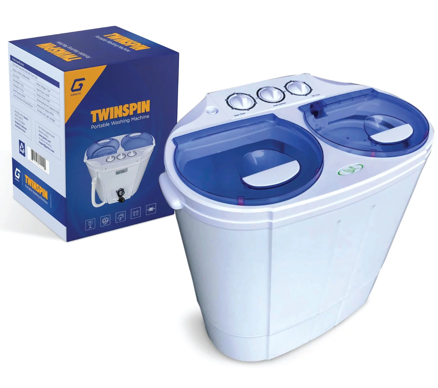 Garatic Portable Compact Mini Twin Tub Washing Machine w/Wash and Spin Cycle, Built-in Gravity Drain, 13lbs Capacity For Camping, Apartments, Dorms, College Rooms, RVs, Delicates and more