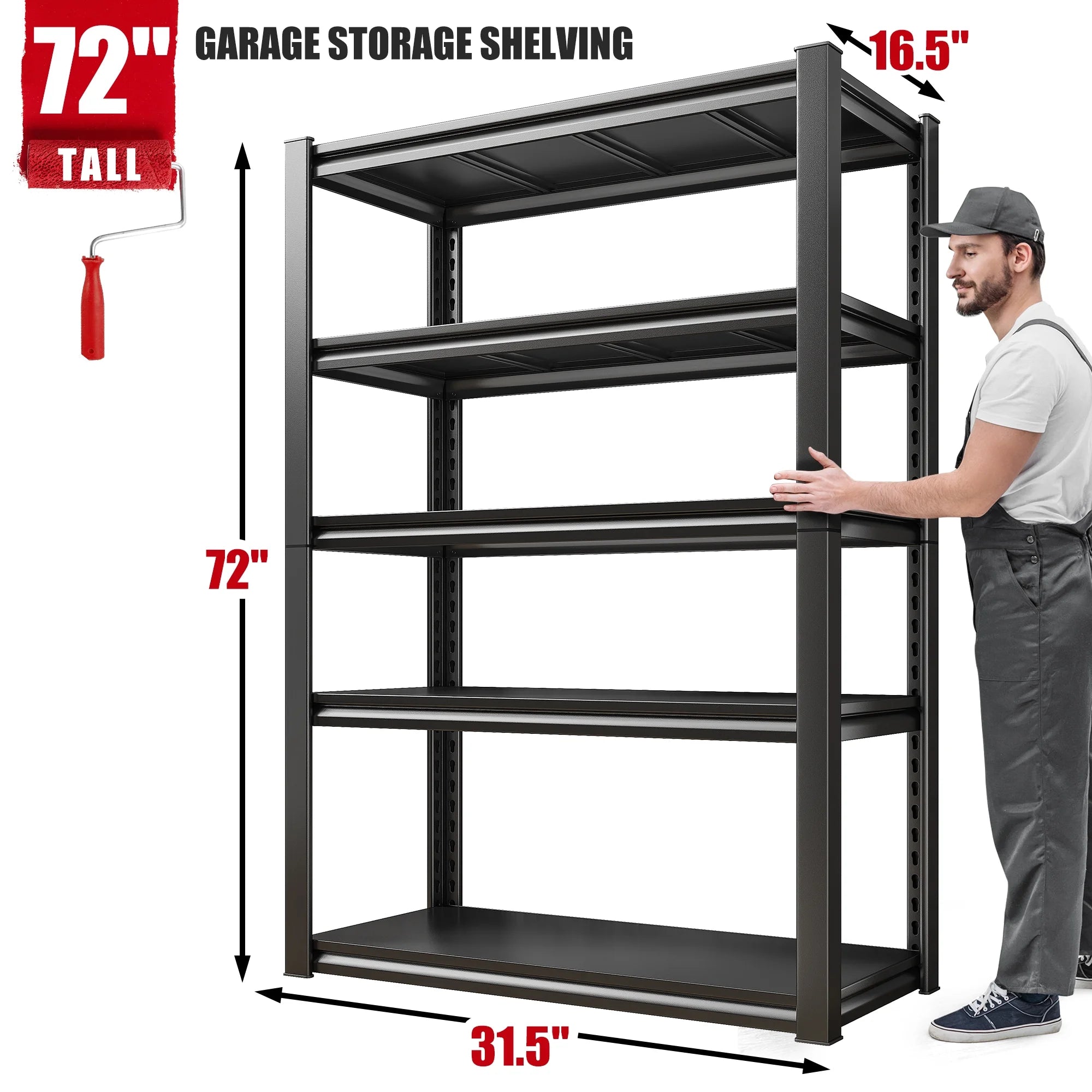 72"H 5-Shelf Garage Shelving Heavy Duty Storage Shelves for Garage Storage 2000Lbs Standing Metal Shelf Rack Adjustable Industial Shelving Unit for Home Kitchen Pantry, 31.5"W x 16.5"D Black