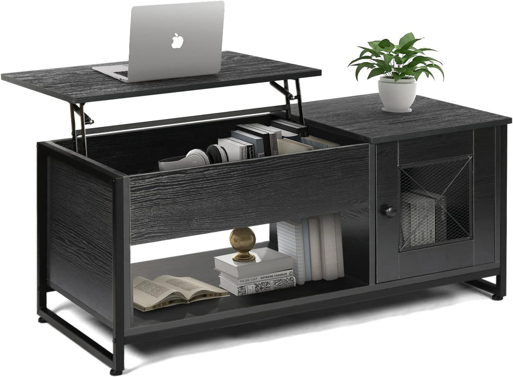 QLMUSE Industrial Lift Top Coffee Table with Metal Mesh Cabinet Door and Hidden Storage Compartment, Modern Dining Central Table with Wooden Lift Tabletop for Living Room Home Office (Black Oak)