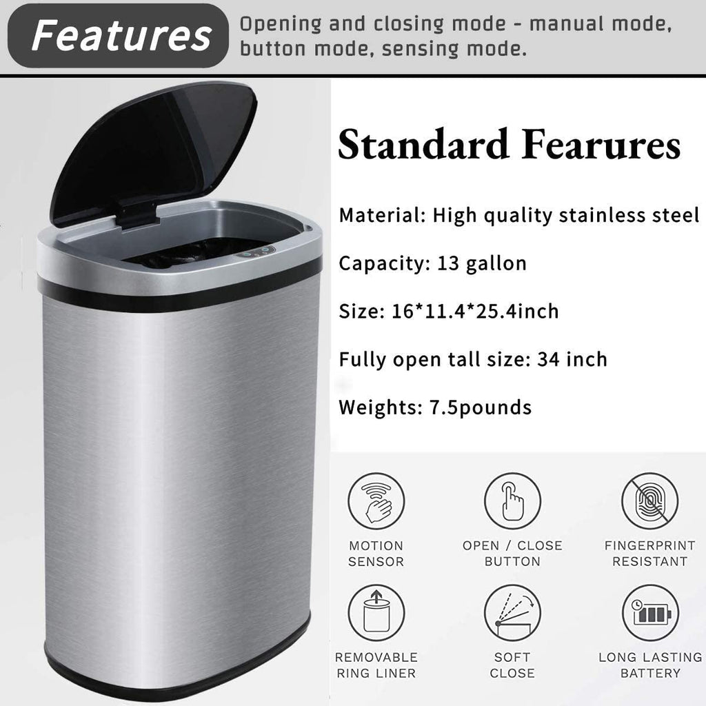 13 Gallon Stainless Steel Motion Sensor Trash Can with Lid J470