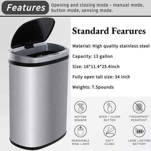 13 Gallon Stainless Steel Motion Sensor Trash Can with Lid J470